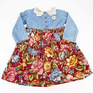 Vintage Toddler Girl Denim Floral Crochet Peter Pan Collar Dress 2T Boho Prairie